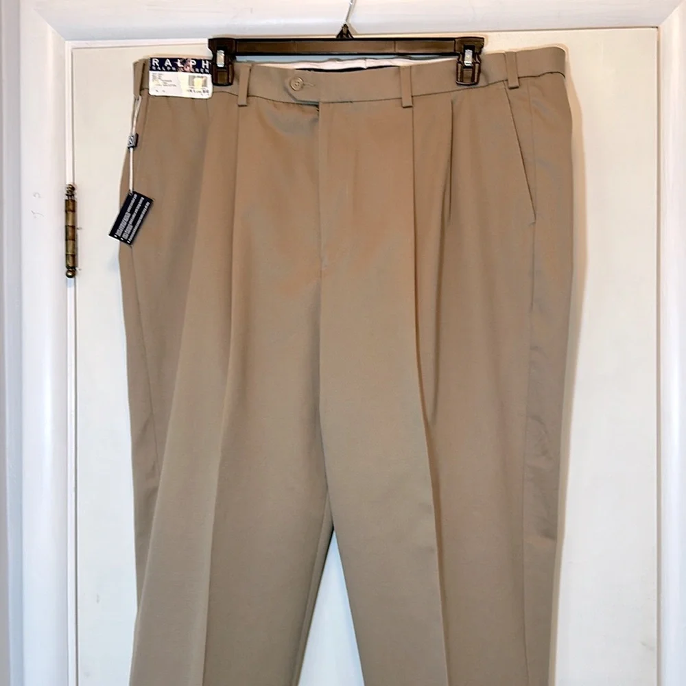 Ralph Lauren Pleated Dark Tan Cotton Khaki Pants 44x29 NWT